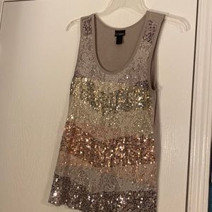 Daytrip tunic grayish taupe with silver, bronze, gray sequins. Size Medium